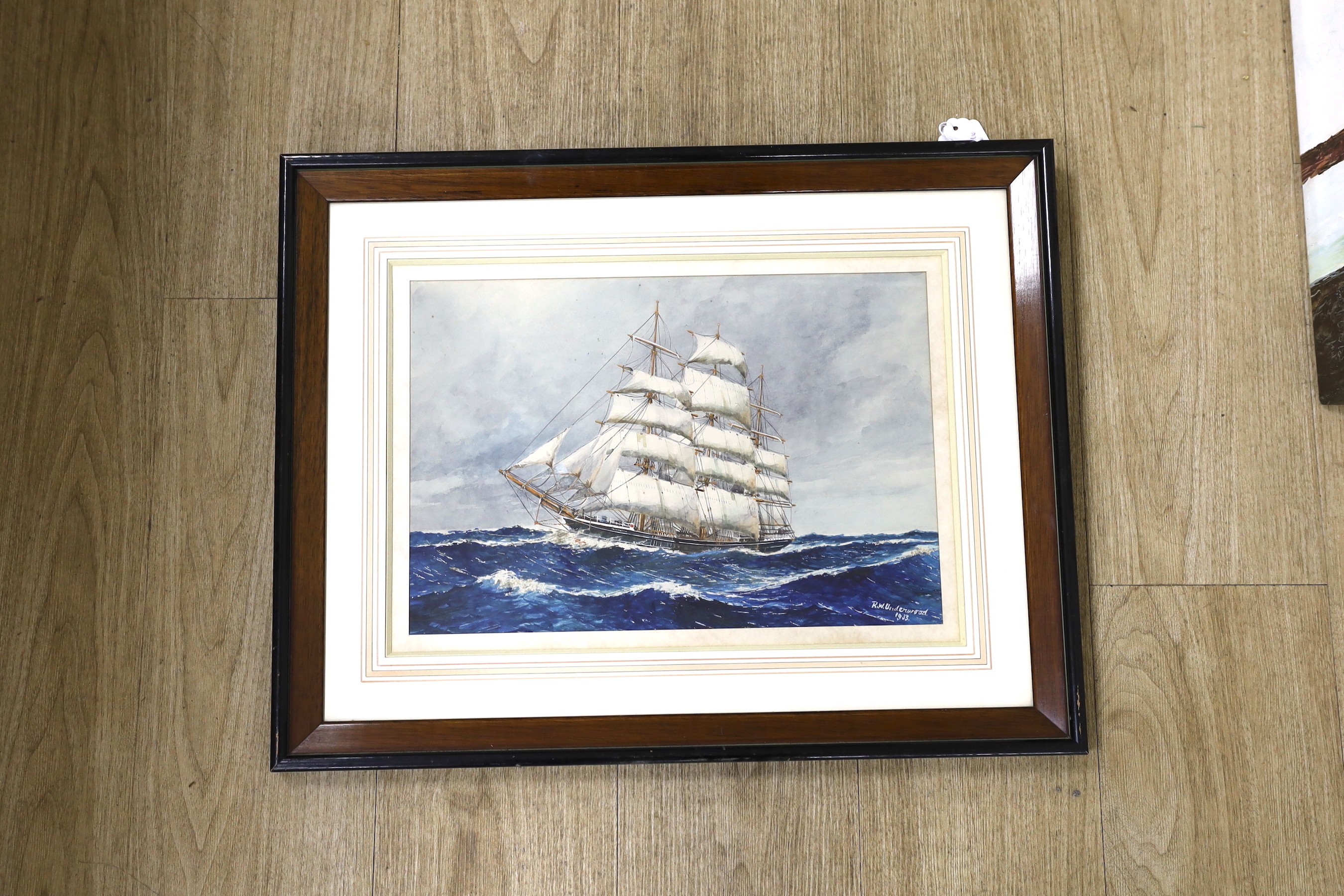 R.W. Underwood, watercolour, Clipper ship at sea, signed and dated 1933, 27 x 40cm